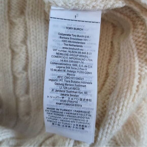 Tory Burch Sweater Nel Cable Knit Diamond Turtleneck Alpaca Wool in Cream Blue - Picture 12 of 15